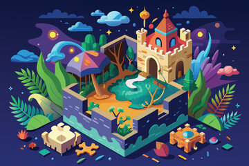 Isometric fantasy castle and garden at night vector