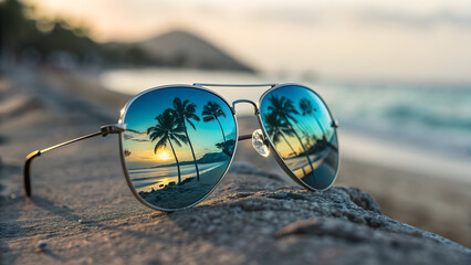 Aviator sunglasses reflecting a tropical beach sunset with palm trees full hd 4k stock image download