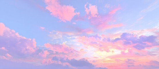 Pastel sky vista with fluffy pink and lavender clouds scattered gently across a soft, gradient blue expanse. A dreamy, ethereal composition
