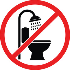 Prohibition icon no bathing shower in toilet restroom symbol inside red circle isolated on transparent background