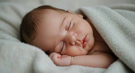 Sleeping baby with closed eyes resting on soft blanket and gentle facial expression in a peaceful indoor setting perfect for nursery or baby care themes