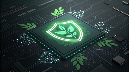 Green leaf emblem on a glowing computer chip surrounded by circuitry and organic elements