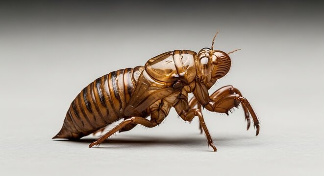 Close up of a cicada shell exoskeleton on a neutral background.