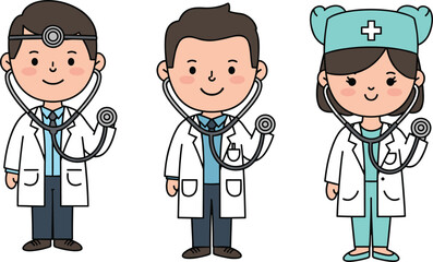 Cute cartoon doctors and nurse illustration with stethoscope, medical staff characters vector design for healthcare, hospital, clinic, and education themesCute cartoon doctors and nurse illustration 