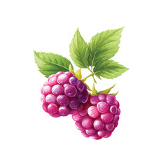 Two ripe raspberries with green leaves watercolor illustration.