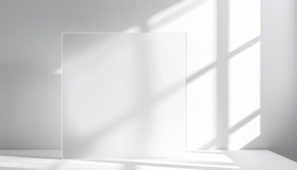 Fototapeta premium Frosted acrylic panel with soft window blind shadows cool grey palette right aligned copy space studio clean background