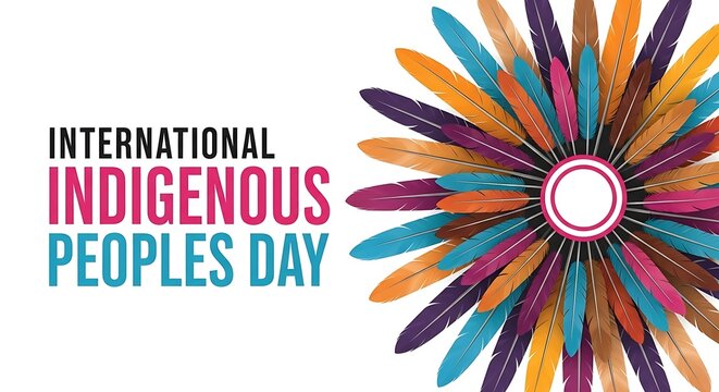 International indigenous peoples day text with colorful feather design