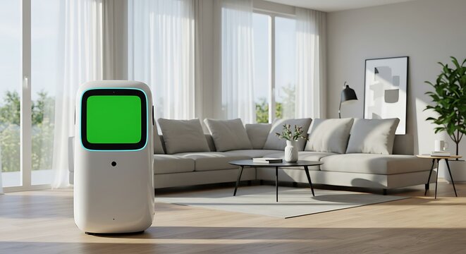 Smart home assistant robot with a customizable green screen display positioned in a contemporary sunlit living room interior
