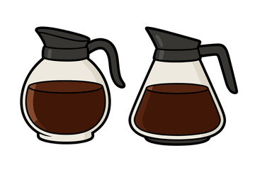 Two coffee pots vector illustration set. Glass carafes with brewed hot coffee for breakfast. Cafe, diner or kitchen equipment icon. Beverage, caffeine, morning concept.
