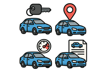 Car rental service icon set. Automobile sharing and leasing concept. Vector icons for transport business with car key, GPS location, fuel gauge, and rental agreement contract.