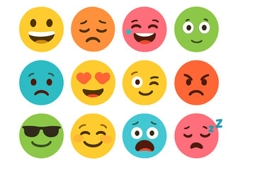 Emoji faces collection vector. Big set of colorful emoticons with different emotions. Cartoon smiley face icons. Flat design character illustrations for social media.