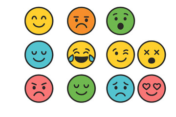 Fototapeta premium Colorful emoji faces with diverse expressions in simple outline style. Vector cartoon illustration icon set. Emoticon collection for social media, feedback, mood survey.