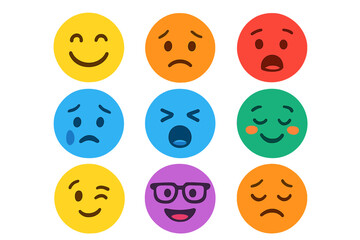 Colorful emoji faces collection expressing a range of emotions. Vector emoticon character icon set. Flat design smiley pack for customer feedback, mood scale, rating, and feelings.