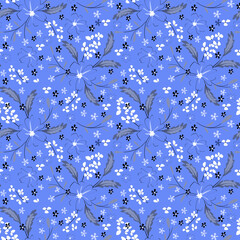 Seamless monochrome blue retro floral pattern.
