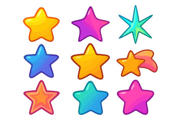 Colorful cartoon stars set. Vector collection of glossy star icons and buttons for game UI. Award, rating, and favorite symbols with unique shapes and bright gradients.