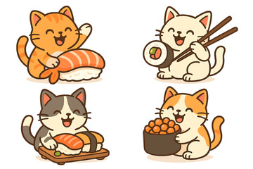Obraz premium Set of cute cartoon cats eating sushi. Kawaii kitten characters with Japanese food, nigiri, maki roll and chopsticks. Funny animal mascot vector illustration collection.