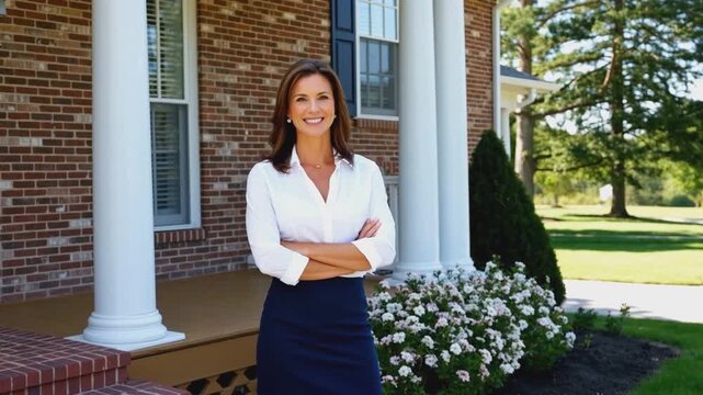 Smiling real estate agent standing with arms crossed in front of traditional brick house with white columns and flower garden. Property sale and home ownership concept. Design for banner, poster, head