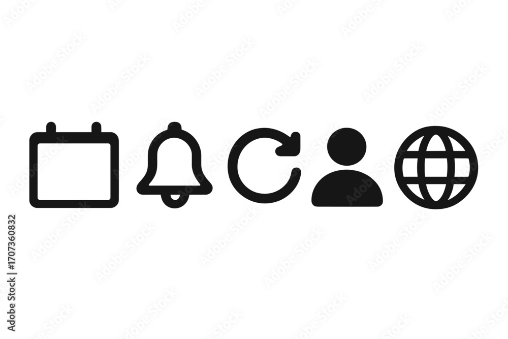 Poster modern black icon set for user interface design. vector pictograms of calendar, notification alert, 