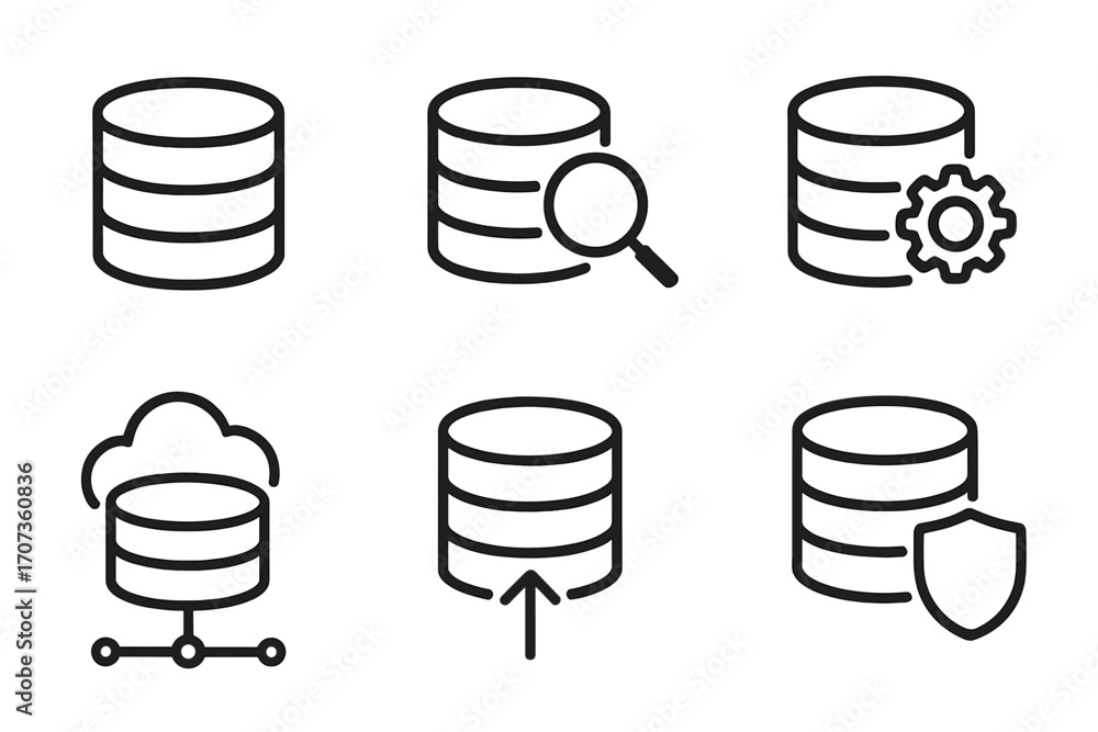 Fototapete database icon set for data management and technology. vector line art of server, storage, cloud comp