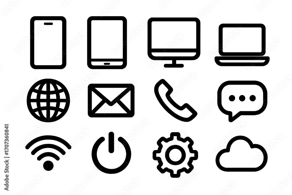 Leinwandbilder tech communication icon set vector. minimalist black line icons for website and mobile app ui. inclu