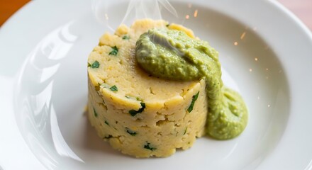 Steaming polenta tower graced with verdant pesto drizzle culinary delight