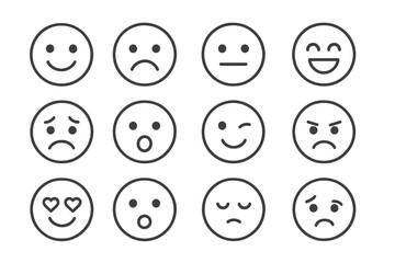 Fototapeta premium Minimalist emoji faces showing various expressions and emotions. Simple line art design icon set. Vector cartoon illustration of smileys: happy, sad, angry, love, surprised.