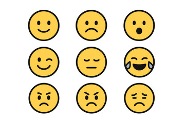 Fototapeta premium Emoji faces set with various expressions. Emoticon collection with minimalist simple line art. Vector cartoon illustration of feelings and emotions like happy, sad, angry.