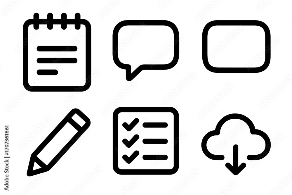 Poster minimalistic icon set of notepad, speech bubble, text box, pencil, checklist, cloud download. vector
