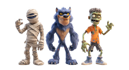 Mummy werewolf zombie animated characters Halloween spooky fun fantasy monster colorful