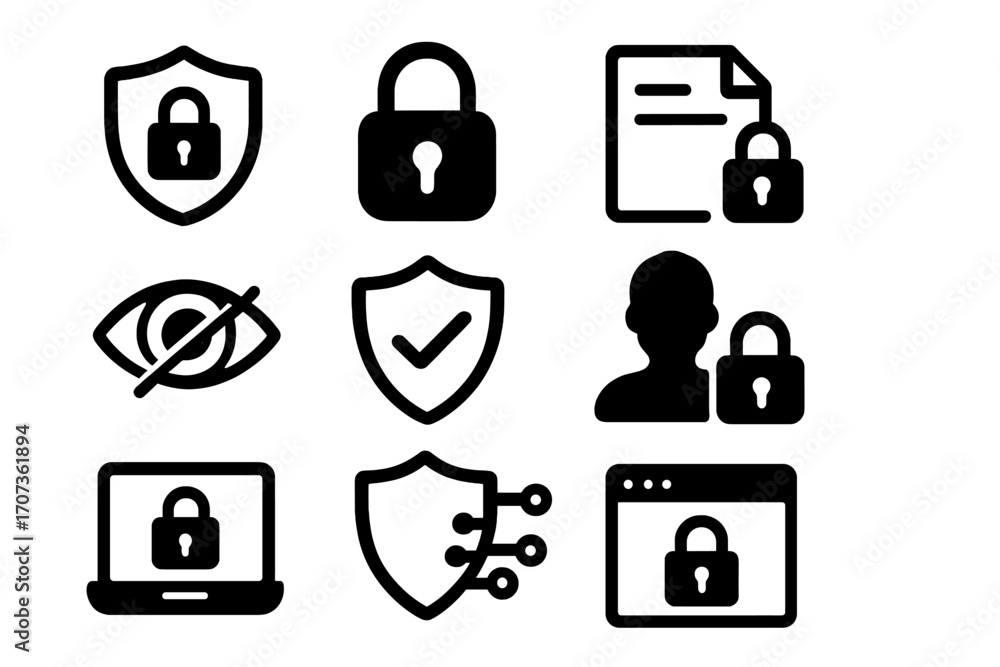 Poster cyber security icon set. data privacy and protection symbols. internet safety, secure connection, co