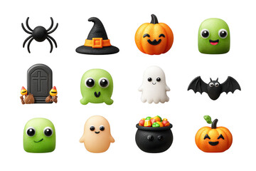 Fototapeta premium Cute Halloween icons featuring spider, witch hat, pumpkin, gravestone, ghost, bat, and candy filled cauldron. These playful designs evoke fun and spooky atmosphere for holiday