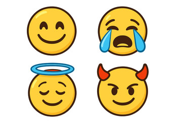 Vector emoji set of emotions. Cartoon character faces with expressions. Happy smile, sad cry with tears, good angel with halo, and evil devil with horns. Emoticon icon pack.
