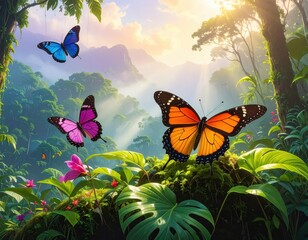 A vibrant tropical forest scene showcases three colorful butterflies amidst lush foliage and sunlight filtering through the canopy.