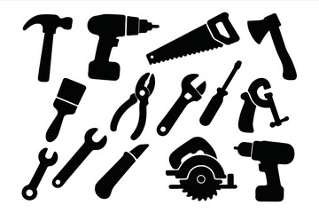 Silhouette icons set of hand and power tools for construction and DIY projects. Vector graphic collection of isolated instruments for repair, workshop and carpentry work.