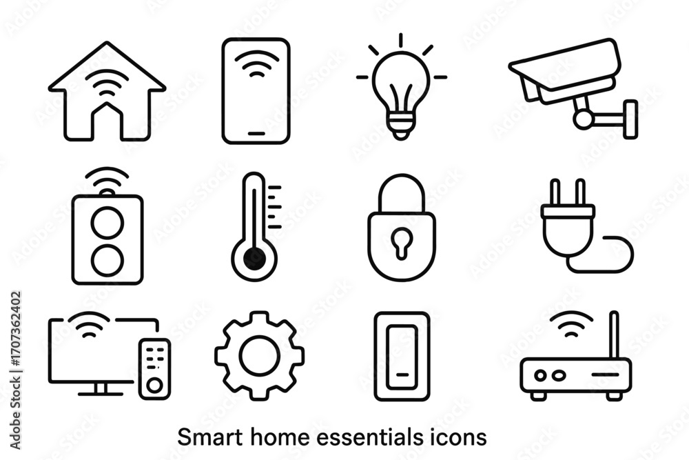 Poster smart home technology linear icon set. vector symbols for home automation system, modern devices, an