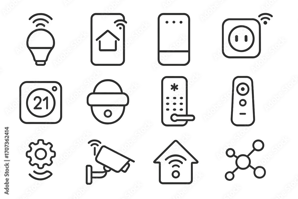 Poster smart home icon set. minimal linear icons for home automation and modern devices. internet of things