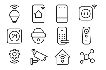 Smart home icon set. Minimal linear icons for home automation and modern devices. Internet of Things, IoT, technology vector collection. Security, control, and connect symbols.