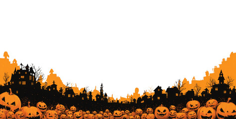 Spooky Halloween background featuring dark silhouette of town with eerie houses and field of scary pumpkins. Perfect for festive decorations and themed events