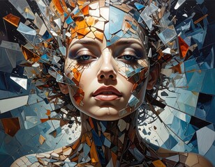 A captivating portrait of a woman, her face and body adorned with shattered fragments of vibrant glass, evoking a sense of ethereal beauty and abstract artistry.