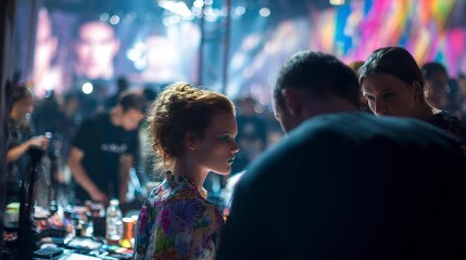 Fashion runway backstage with models stylists and makeup artists preparing for show in fast paced colorful environment reflecting professional teamwork and high energy fashion production