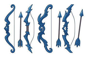 Set of fantasy blue bows and arrows. Magic weapon collection for video games. Ornate, intricate elven archery equipment. Vector cartoon illustration of mystical hunter items.