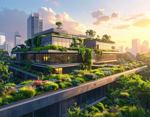 A modern, sustainable office building with a green rooftop garden, showcasing a vibrant cityscape backdrop at sunrise.
