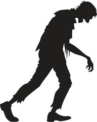 Creepy zombie silhouette walking forward with hunched posture. Undead horror figure in tattered clothing isolated on white background. Perfect for Halloween, horror art, and spooky designs.