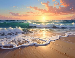 A serene beach scene at sunset, showcasing soft waves gently lapping the golden sand.