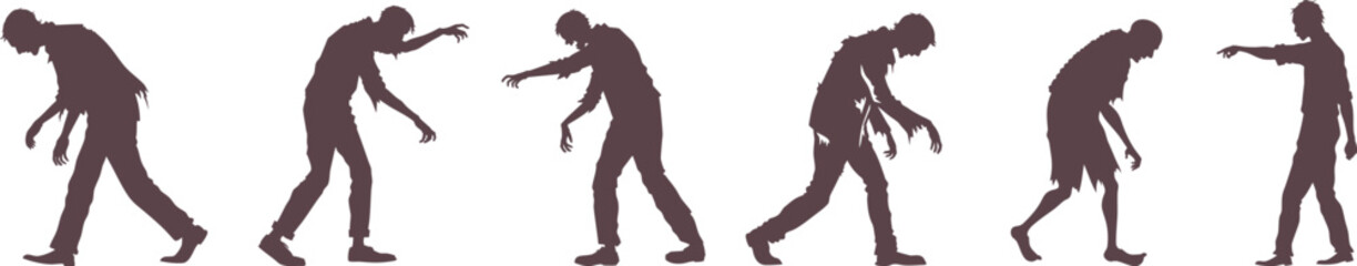 Silhouettes of zombies walking in creepy poses, arms stretched forward. Classic undead horror figures for Halloween designs, spooky art, and apocalyptic themes. Perfect for posters, comics, and decora