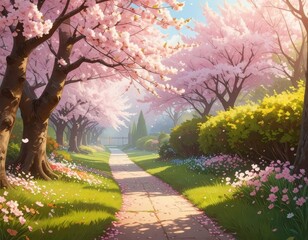 A sun-drenched walkway winds through a blossoming spring garden, filled with vibrant pink cherry blossoms and colorful flowers, creating a serene and joyful atmosphere.