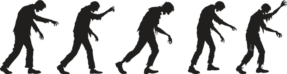 Silhouettes of zombies walking in creepy poses, arms stretched forward. Classic undead horror figures for Halloween designs, spooky art, and apocalyptic themes. Perfect for posters, comics, and decora