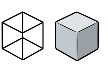 Wireframe vs solid cube. 3D model comparison from blueprint to finished product. Vector icon set. Concept for process, development, idea to reality, empty versus full.