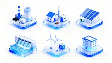 3D isometric clean energy icon set — factory, solar, wind, hydro, smart grid