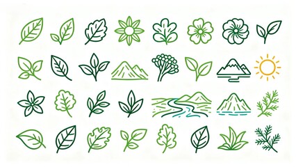 Fototapeta premium Minimal green eco line icon set — leaves, flowers, mountains, river and sun symbols